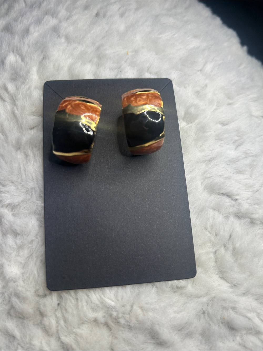 Stylish Black and Brown Enamel Hoop Earrings with Gold Accents
